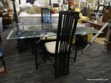 GLASS TOP TABLE AND CHAIRS; BEVELED GLASS TOP AND BLACK METAL BASE DINING TABLE WITH A 1 IN BEVEL.