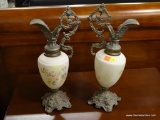 PAIR OF DECORATIVE VICTORIAN EWERS; FEATURING A PAINTED FLORAL DESIGN ON GLASS BODY WITH CAST METAL