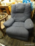 BLUE RECLINER; FEATURES A TEXTURED BLUE UPHOLSTERY AND A WOODEN RECLINER LEVER. MEASURES