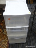 3 DRAWER ORGANIZER; FEATURES THREE CLEAR DRAWERS IN A WHITE PLASTIC SHELL. MEASURES 13 IN X 16 IN X