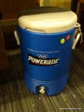 POWERADE WATER COOLER; BLUE AND WHITE CYLINDRICAL 5 GALLON WATER JUG WITH REMOVABLE LID, SPIGOT, AND