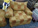 (R5) CORINTHIAN INC. OVERSTUFFED CHAIR & OTTOMAN; RED, GOLD TONED, GREEN, BRONZE COLORED FLORAL AND