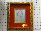 VINTAGE FRAMED PHOTO; BLACK AND WHITE PHOTO OF A LITTLE GIRL FRAMED IN A RED VELVET AND GOLD TONED