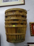 APPLE BASKETS; SET OF 5 APPLE BASKETS CONSTRUCTED FROM DARK AND LIGHT WOOD SLATS, FEATURING METAL