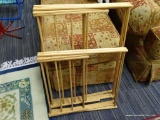DRYING RACKS; ACCORDION STYLE WOODEN CLOTHES DRYING RACKS. SMALL RACK MEASURES 21 IN X 12 IN X 36