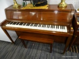 KOHLER & CAMPBELL UPRIGHT PIANO; BEAUTIFUL CHERRY PIANO WITH MATCHING STORAGE BENCH. SITS ON CASTERS