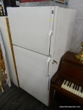 GE REFRIGERATOR; WHITE REFRIGERATOR WITH TWO SHELVES, A MEAT DRAWER, TWO CRISPER DRAWERS, AND TWO