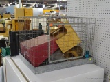 SMALL ANIMAL CAGE; METAL FRAME CAGE COMPLETE WITH AN ASSORTMENT OF SMALL ANIMAL ACCESSORIES.
