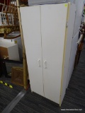 STORAGE CABINET; WHITE EXTERIOR WITH A HANDLE ON EACH DOOR, AND 4 SHELVES INSIDE (1 IS ADJUSTABLE),