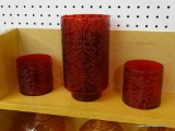LOT OF RED DECORATIVE GLASS; 3 PIECE SET BY LIVING COLORS. LOT INCLUDES A TALL VASE AND 2 MATCHING