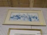 WATERCOLOR PRINT BY DAWNA DARTON; DOUBLE MATTED IN IVORY AND LIGHT GREEN. PRINT OF ASSORTED CLAY