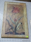 FLORAL PRINT ON WOOD; GOLD PAINTED WOOD WITH A FAUX DISTRESSED FINISH. MAROON FLOWER WITH LONG GREEN