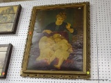 VINTAGE PRINT OF A PORTRAIT. PORTRAIT OF A MOTHER WITH HER TWO CHILDREN SLEEPING ON A MAROON TUFTED