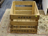 RUSTIC WOODEN CRATE; PRIMITIVE STORAGE CRATE. MARKED IN BLACK STENCIL. APPLE 703 586 2436 BEDFORD,