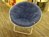 BLUE BOWL SHAPED CHAIR; COLLAPSIBLE. METAL BASE WITH NICKEL FINISH. NAVY BLUE REMOVABLE CUSHION WITH