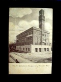 pc52 . Vintage Sepia Postcard Fire Department Headquarters Worcester Mass . The post card measures