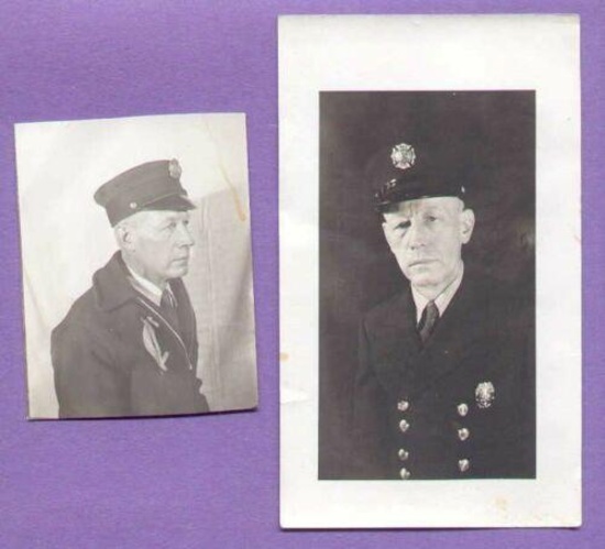 2 Photographs circa 1940s Fireman in Uniform Cap & Badges WWII 2 interesting WWII era photographs