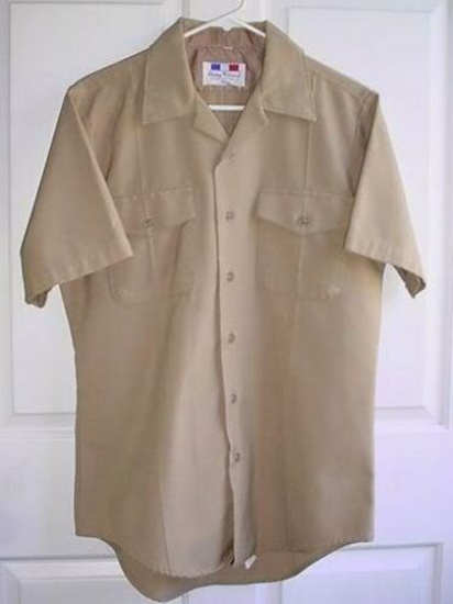 37 USN US Navy Khaki Tan Shirt Flying Cross Nice USN khaki tan poly/wool half sleeve service shirt.