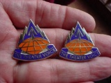 Pair of US Army 311th Signal Command THE THEATER VOICE Enamel Unit Crest DI Pins . Pair of enamel