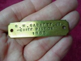 Charlottesville VA Brass Name Plate for Racing Pigeon 1960 . Interesting brass nameplate from the