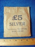 Old England Wales ?5 SILVER Coin Bag National Provincial Bank Limited Interesting old heavy pressed