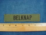 Original 1970s US Army BELKNAP Name Tape on OG Uniform Cloth . Original uncut pair of 1970s to 1980s