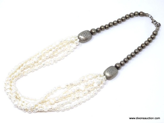 MASSIVE .925 & 6 STRAND PEARL NECKLACE; HUGE .925 AND PEARL RUNWAY NECKLACE. 6 STRANDS OF VARIED