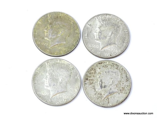 40% SILVER KENNEDY HALF DOLLARS; DATES INCLUDE: 1969, AND 1967. TOTAL OF 4.