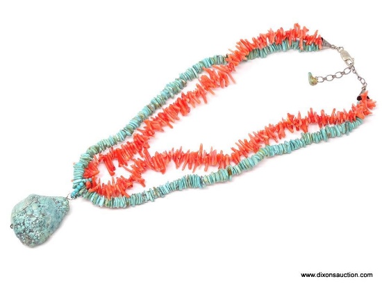 STUNNING BRANCH CORAL AND TURQUOISE NECKLACE; STUNNING NATIVE MADE .925 BRANCH CORAL AND .925