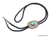 RARE BOLO TIE NAVAJO STERLING; RARE ARTIST MADE BOLO TIE WITH STERLING SILVER AND TURQUOISE HAND