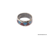 STERLING SILVER NATIVE MADE TURQUOISE & CORAL RING; BEAUTIFUL NATIVE MADE STERLING SILVER TURQUOISE