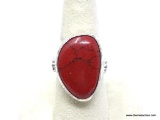 LARGE .925 & RED TURQUOISE LADIES RING; ARTISAN DESIGNED LADIES NATIVE RING IN STERLING SILVER