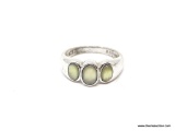 .925 3 GEMSTONE RING; BEAUTIFUL .925 AND 3 GEMSTONE RING. STONES ARE UNKNOWN BUT ARE GREENISH &