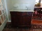 (LR) WASHSTAND; VICTORIAN MARBLE TOP WASHSTAND WITH MARBLE SERPENTINE SPLASH BACK AND 2 CANDLE
