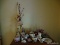 (DBR) CONTENTS ON TOP OF CHEST- PR OF CERAMIC FIGURINES- 8 IN H, CASE GLASS FLUTED BASKET-8 IN H,