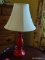 (DBR) LAMP; RED CERAMIC LAMP WITH SHADE- 24 IN H