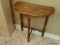 (MBATH) HALF TABLE; VINTAGE HALF TABLE SCALLOPED EDGE, TURNED LEGS AND STRETCHER BASE, FINISH ISSUES