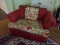 (FAM) LOVESEAT; SINGLE CUSHION RED STRIPED UPHOLSTERED LOVESEAT/OVERSIZED CHAIR IN GOOD USED