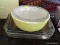 (KIT) PYREX LOT; INCLUDES A PYREX CLEAR PIE DISH, A YELLOW PYREX MIXING BOWL, AND 3 CLEAR PYREX