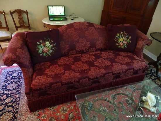 (LR) SINGLE CUSHION CAMEL BACK SOFA; RED UPHOLSTERED FLORAL PATTERN SOFA WITH ROLLED ARMS AND