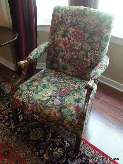 (LR) MARTHA WASHINGTON STYLE CHAIR; 1 OF A PAIR OF FLORAL UPHOLSTERED AND MAHOGANY ARM CHAIRS WITH