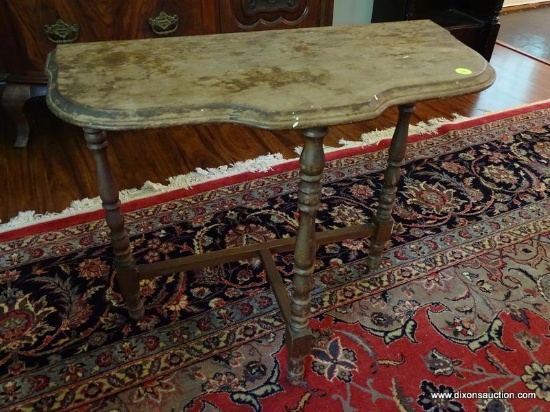(LR) HALF TABLE; SMALL MAHOGANY HALF TABLE WITH BEVELED EDGE AND STRETCHER BASE. IS IN GOOD USED