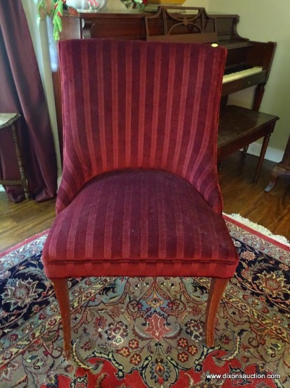 (LR) SIDE CHAIR; RED STRIPED ACCENT SIDE CHAIR WITH CHERRY LEGS. IS IN GOOD USED CONDITION AND