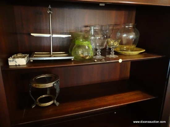 (DR) SHELF LOT- LOT INCLUDES VASES, GOBLETS, WARMING STAND AND A METAL STAND POSSIBLY FOR LIQUOR