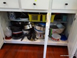 (KIT) 4 CABINET LOT; INCLUDES CONTENTS OF POTS AND PANS, DOG DISHES, TUPPERWARE CONTAINERS, AND MUCH