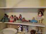 (UPBR1) SHELF LOT OF DOLLS; INCLUDES APPROXIMATELY 10 TOTAL DOLLS IN VARIOUS OUTFITS OF VARYING