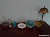(UPBR2) ASSORTED LOT; INCLUDES A BLUE TOAD FIGURINE, A CUT GLASS BUD VASE, A SIGNED ART POTTERY
