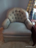 (UPBR2) BLUE ARMCHAIR; HAS A BARREL BACK WITH BUTTON TUFTED BACK CUSHION, REMOVABLE SEAT CUSHION AND