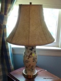 (UPBR2) PORCELAIN VASE; HAS A BIRD, BUTTERFLY, AND FLORAL PATTERN. INCLUDES SHADE AND FINIAL.