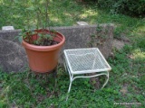 (OUT) 2 METAL PIECES; 1 IS A MESHED WIRE TOP TABLE (14 IN X 14 IN X 13 IN) AND 1 IS A PLANT STAND